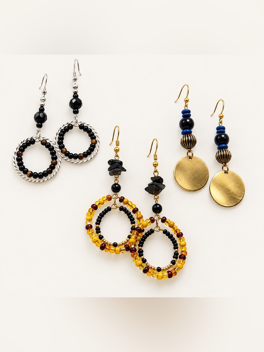Set of Handmade BOHO style Glass Beaded Hoops and Disc drop Earrings 2.5in